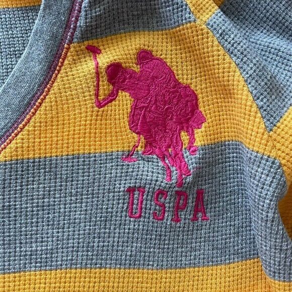 VTG US POLO ASSN Big Pony Waffle Knit Thermal Stripe Shirt Ralph Lauren Y2K XL - Picture 4 of 10